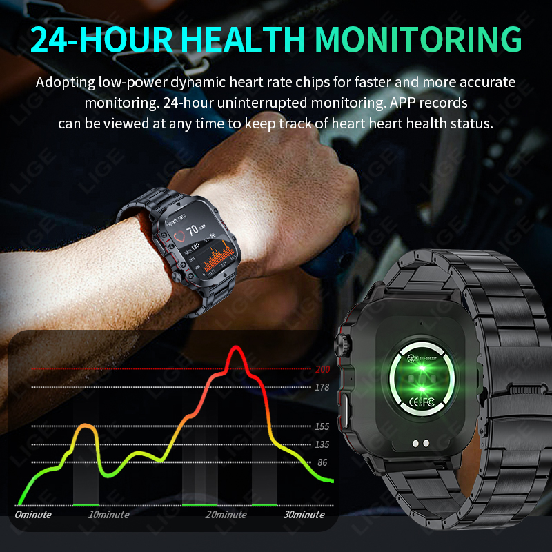 LIGE smartwatch Wireless call, music control, multiple sports modes, IP67 waterproof, blood pressure and heart rate detection Remote control photo tak