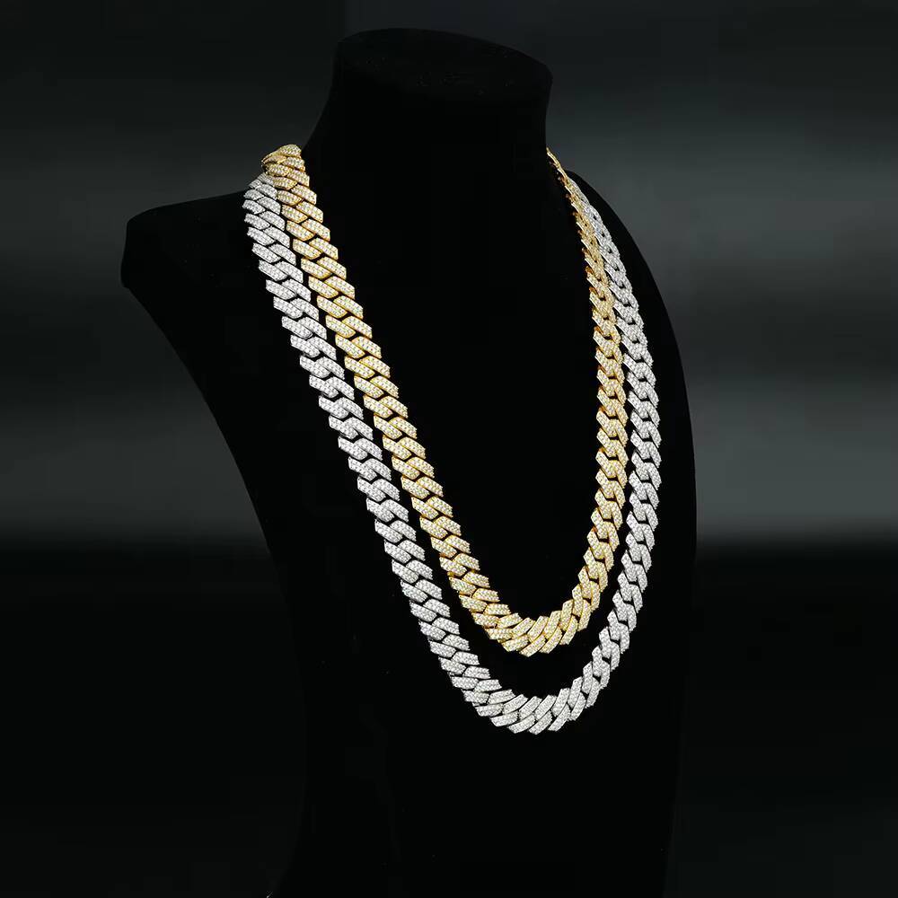 Top Fashion High Quality S925 Hip-Hop Jewelry Gold Plated 14mm Prong Link Cuban Moissanite Cuban Chain Necklace for Wholesale