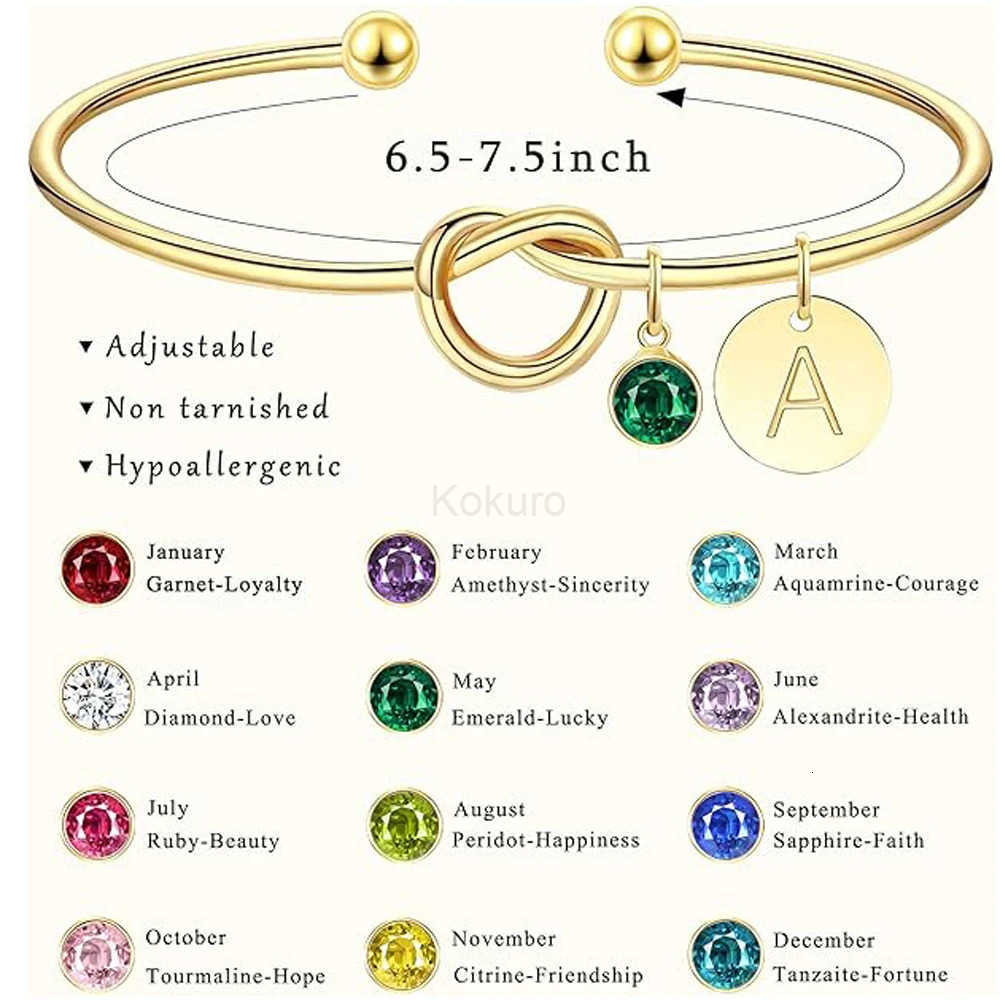 14K Gold Plated Birthstone Initial Bracelets for Women Bridesmaid Proposal Gift Love Knot Cuff Bangle Bracelet Birthday Gifts M250722