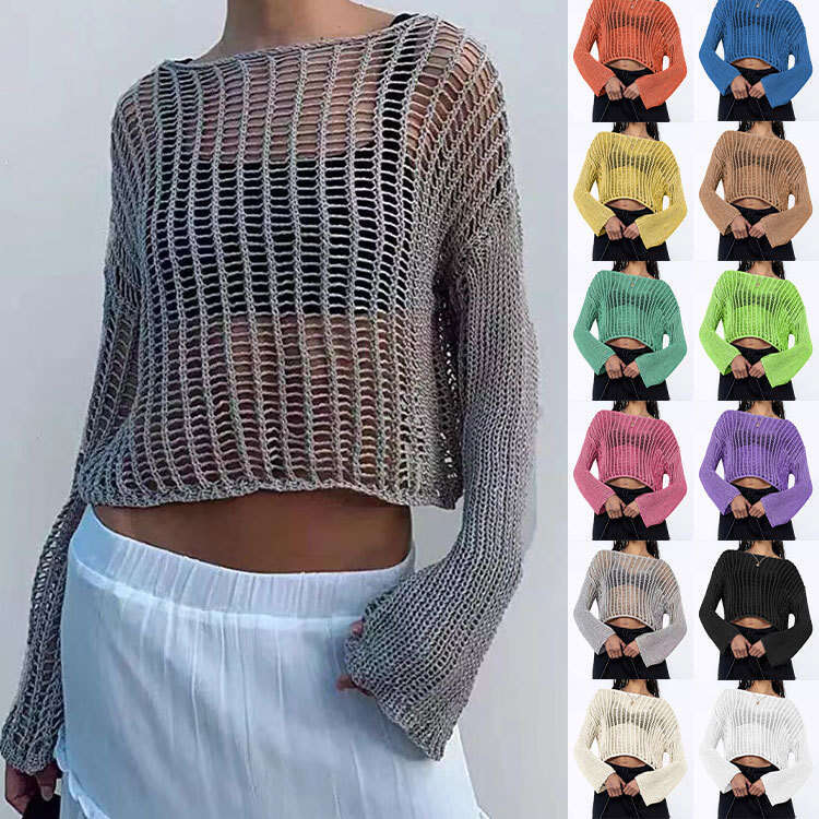 Spring Summer For Women Hand Crocheted Off-Shoulder Hollow-Out Women's Knitted Sweater B5