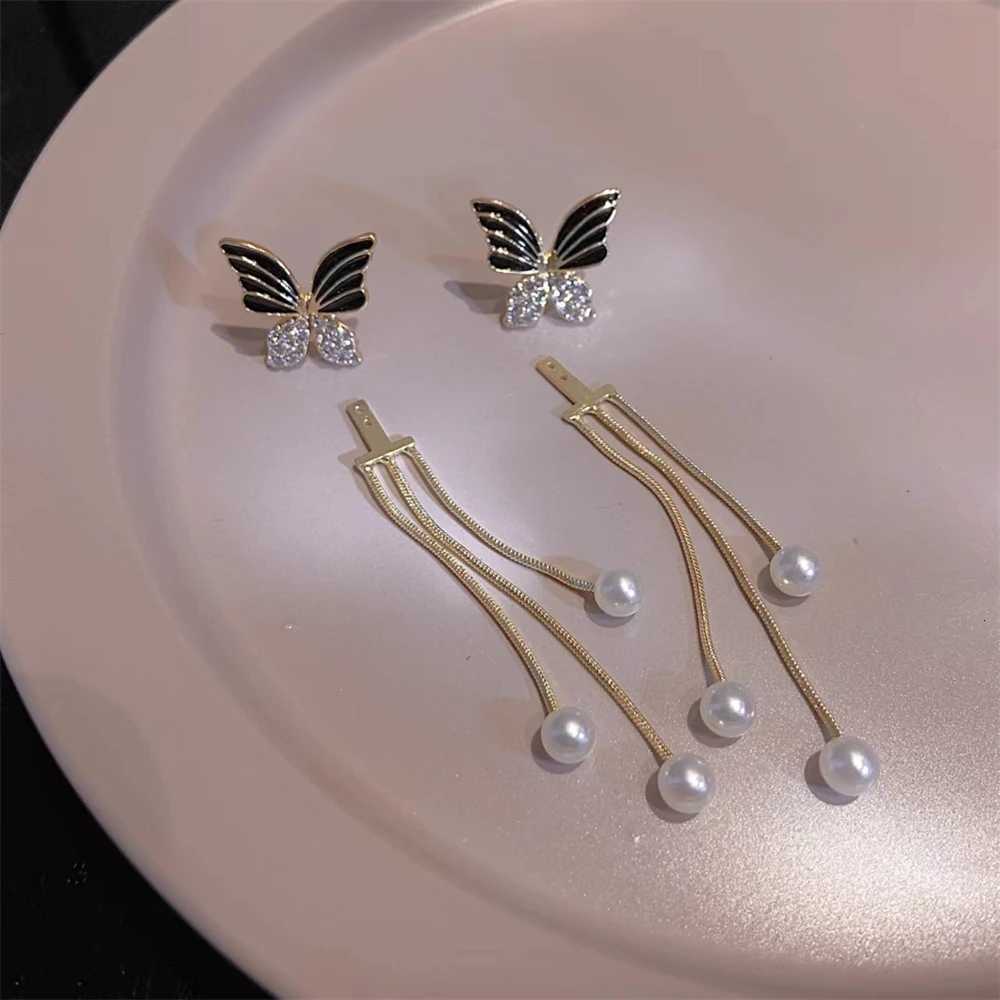 Korean Black Crystal Butterfly Pearl Tassel Earrings Fashion Punk Silver Color Long Chain Stud Earring Jewelry Gifts for Women XJ250722