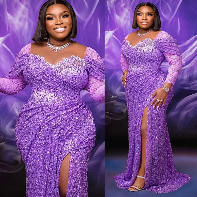 2025 Plus Size Purple Prom Dress For Black Women Mermaid Evening Dresses Robe De Soiree Sheer Neck Side Split Beaded Lace Birthday Dress Second Recept