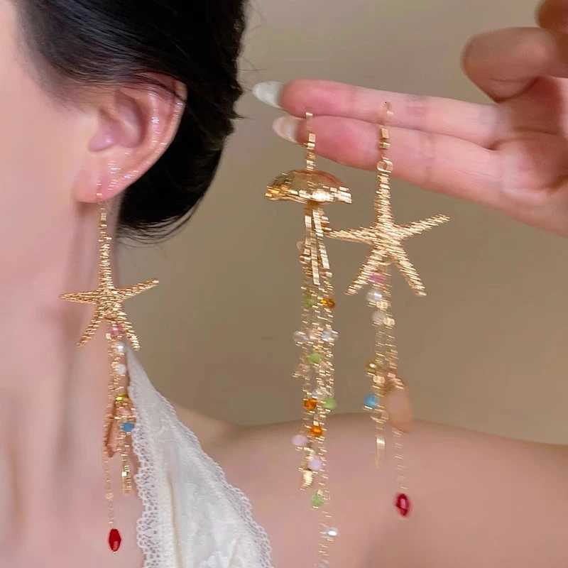 Boho Starfish Scalp Shell Long Tassel Earrings For Women Shiny Crystal Jellyfish Dangle Earring Beach Vacation Party Jewelry XJ250722