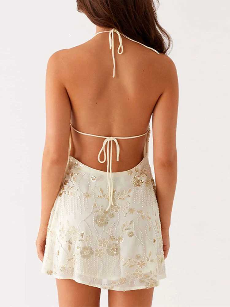 Bead Sequins Embroidery Flower Mini Dress Women Backless Lace Up Sleeveless Sexy Summer Dresses Fashion Party Vacation Lady Gown XJ250722