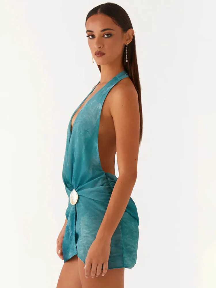 Mozision Halter Deep V Neck Sexy Mini Dress Women Summer Shell Decoration Sleeveless Backless Ruched Club Party Dress XJ250722