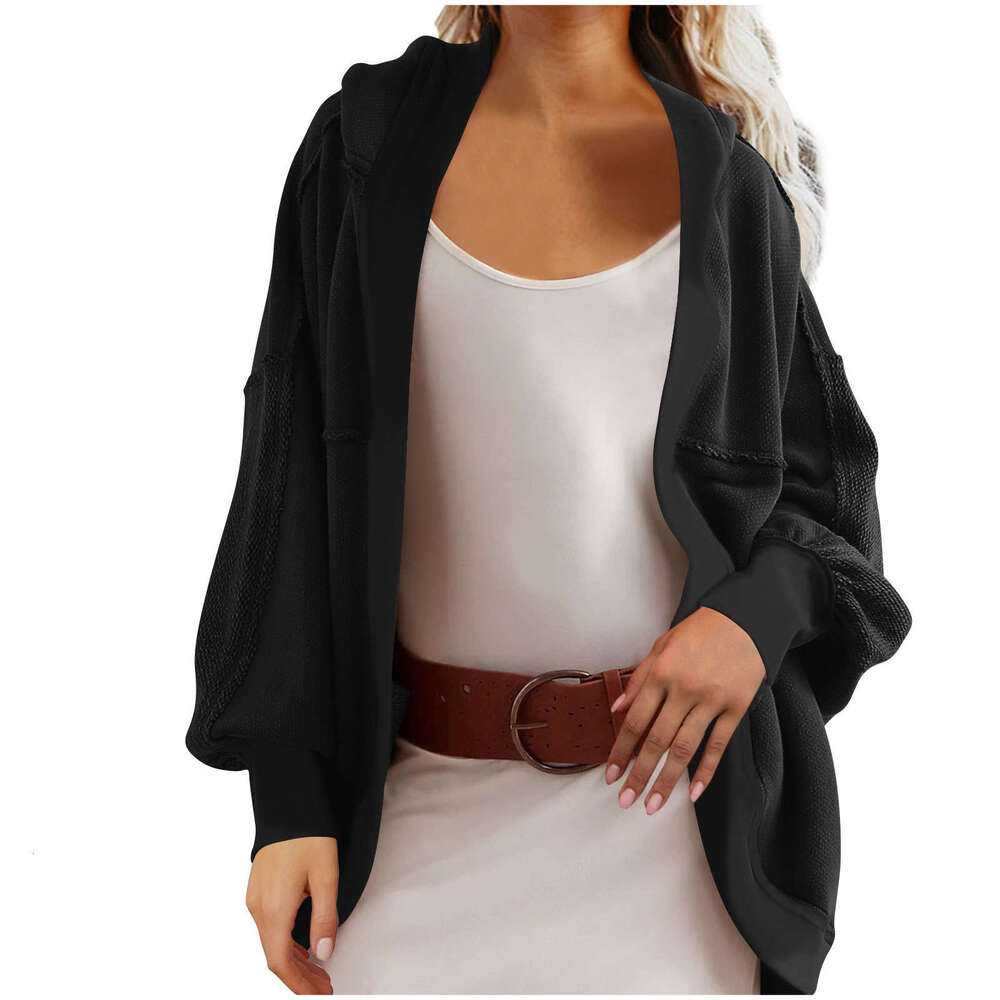 Women's Autumn Winter Coat Hooded Elegant Commuter Loose Back Patchwork Casual Open Front Sweatshirt B5