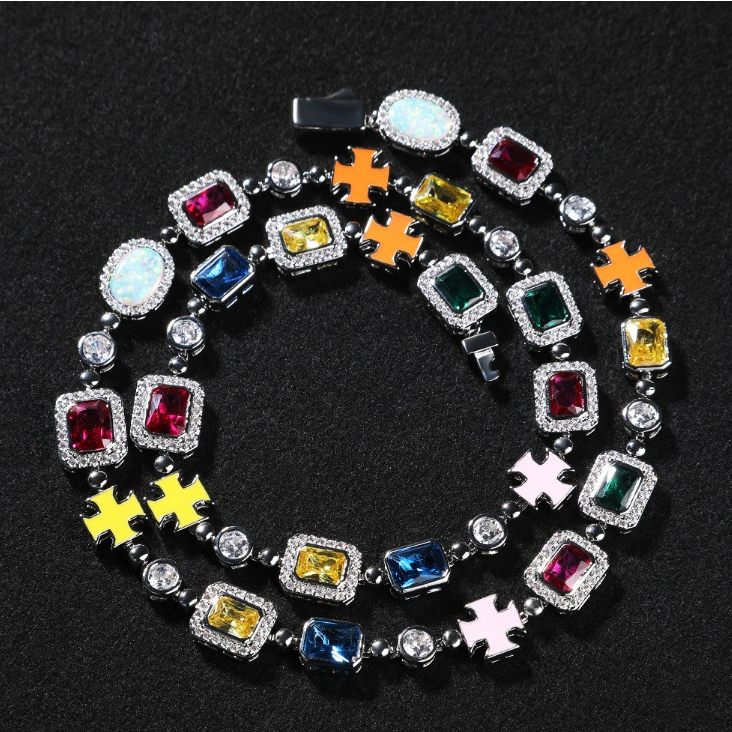 Hip Hop New In Design Multicolor Cubic Zirconia Necklace Bracelet Jewelry Set For Men Women Clustered Cross Rectangle Tennis Beaded Ins Copper White G
