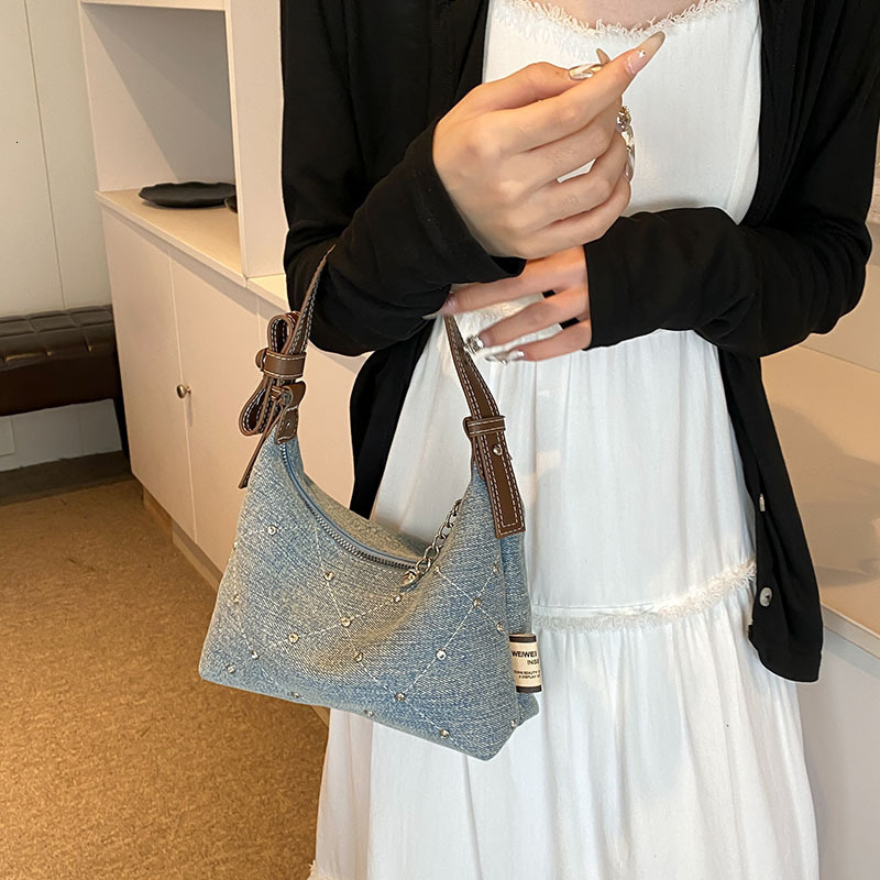 Summer new women's crossbody bag niche design denim armpit fashion handbag designer rhinestone rivet diamond grid shoulder