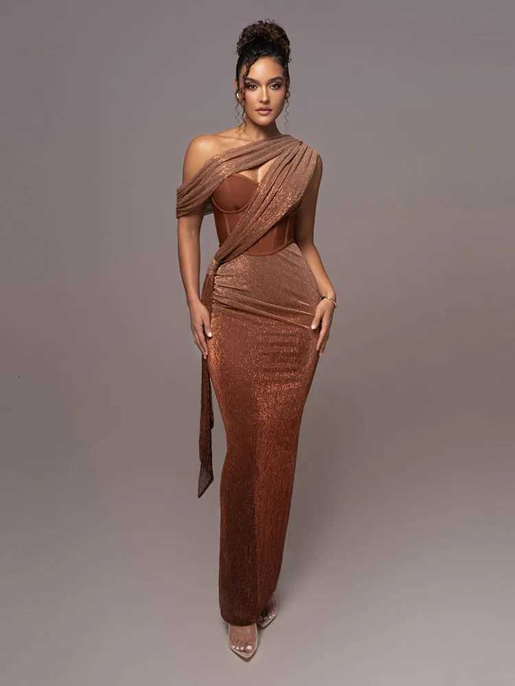 Sexy One Shoulder Draped Glitter Long Dress Women Brown Corset Sparkly Backless Bodycon Maxi Dresses Evening Party Gowns XJ250722