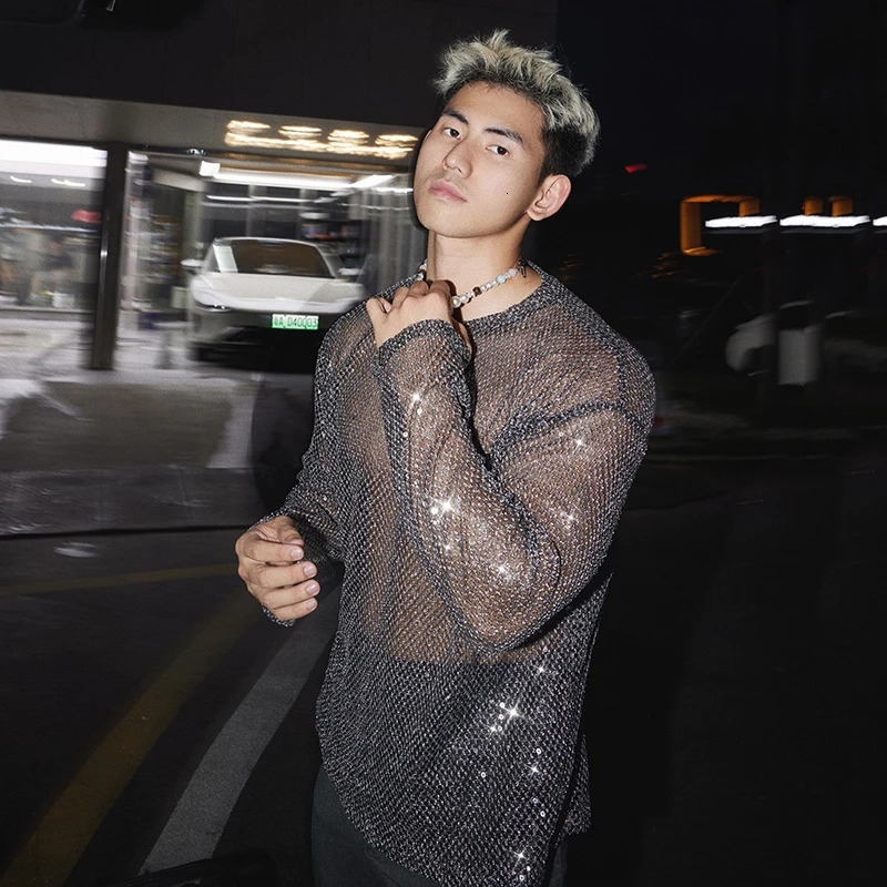 FEWQ Sequins Decoration Mens T-shirts Mesh Round Collar Tops Long Sleeved See-through Pullover Male Tees Niche 24K4819 250714