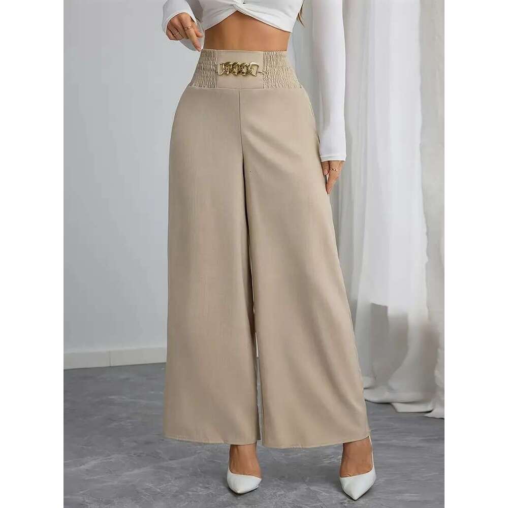 New High-Waisted Slimming Elegant Commuter Solid Color Chain Gathered Spring And Autumn Wide-Leg Pants B5