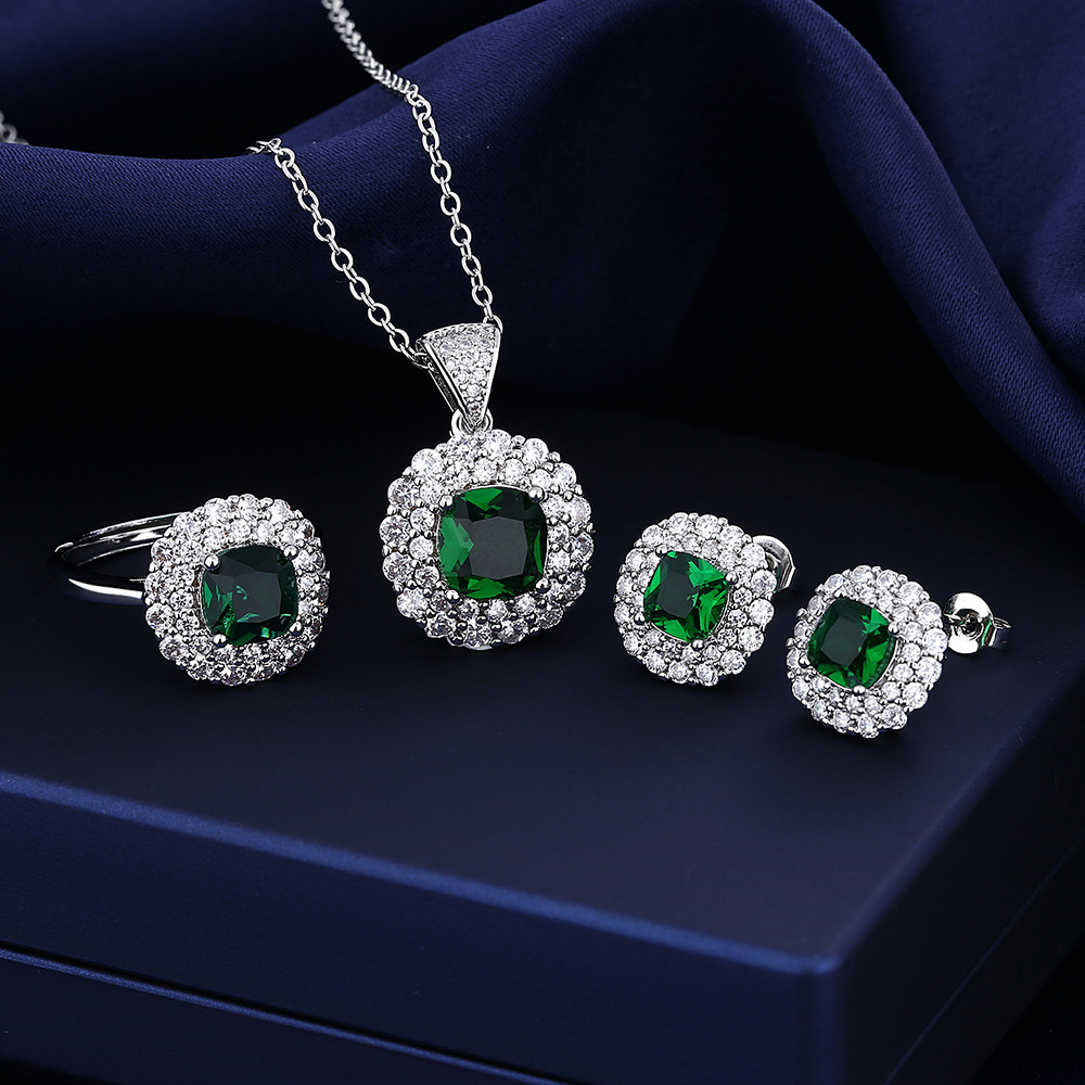 Green Red White Gemstone Zircon Wedding Jewelry Sets for Bridesmaids Bridal Necklace Earrings and Rings