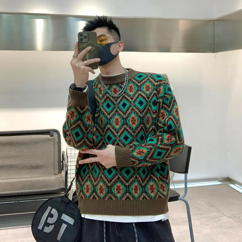 Autumn Winter Fashion Round Neck Long Sleeve Patchwork Printing Pullovers Mens Clothing Casual Loose Knitting Trend Tops 250717