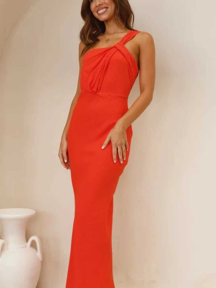2025 Summer Fashion New Womens Satin Ele Dress with Slanted Shoulders and Sexy Hip-Hop Style Solid Color Skirt XJ250722