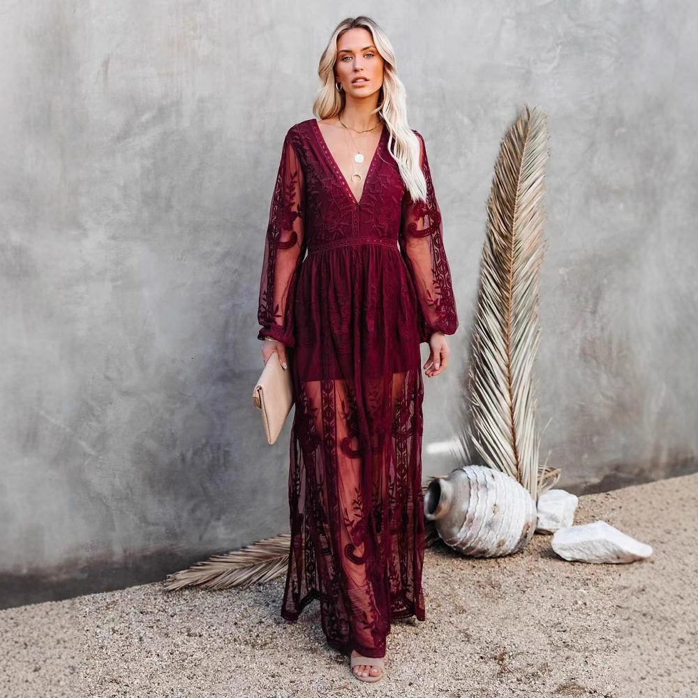 2022 spring and summer new womens lace long sleeve V-neck solid color Chiffon summer dress 210531