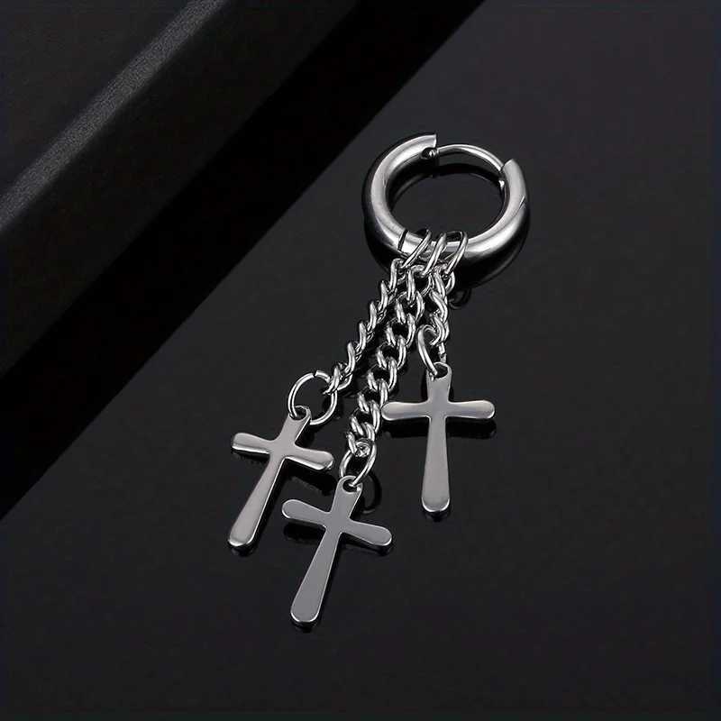 1pc Simple Design Cross Feather Tassel Earring Stainless Steel Fashion Geometric Pendant Stud Ear Jewelry Party For Women Men XJ250722