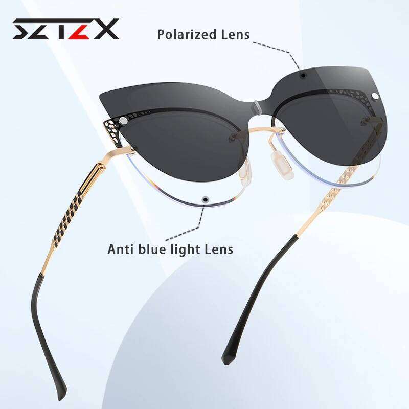SZTZX Rimless Metal Cat Eye Magnet Clip On Reading Women Hyperopia Myopia Prescription Glasses with Polarized Sunglasses