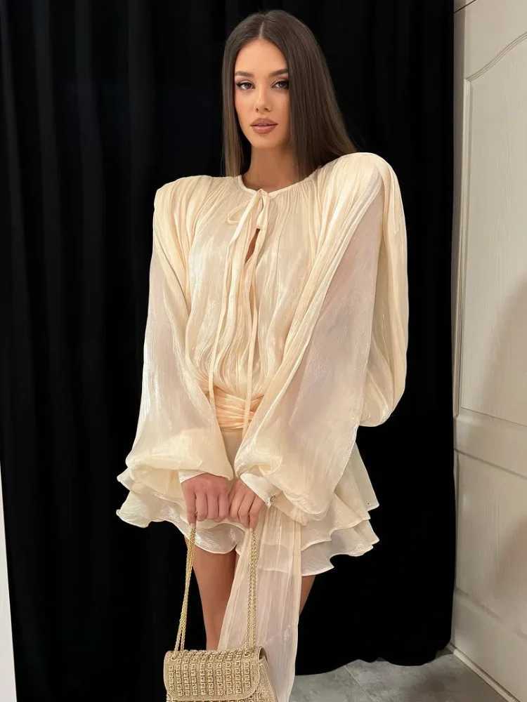 Fashion Solid Mesh Long Sleeve Backless Pleated Prom Dresses Chic Ruffle Bow Lace Up Women Mini Dresses Lady Spring Party Dress XJ250722