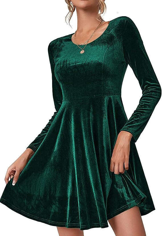 Autumn Winter New Women's Long Sleeve Round Neck Flared Velvet Dress Black Green B5