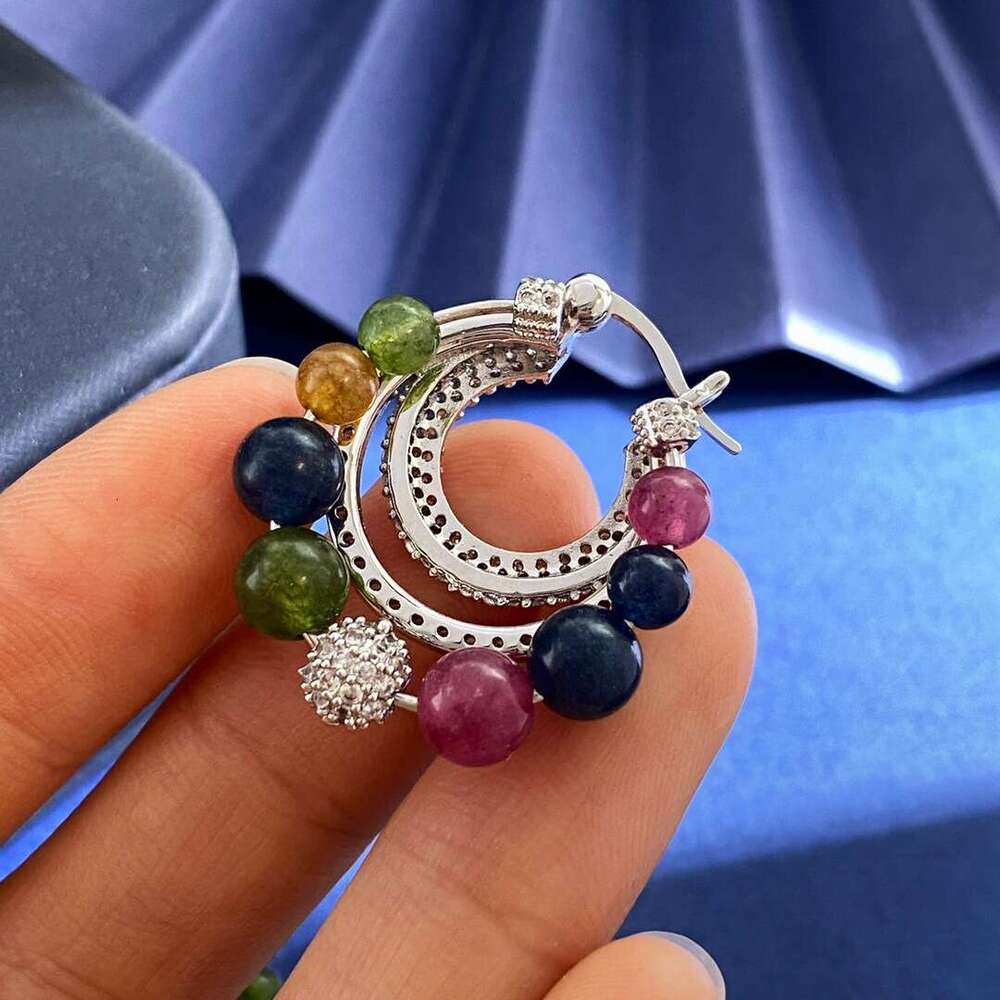 New Chinese Luxurious Crystal Ethnic Style Natural Colorful Tourmaline Emerald Chalcedony Inlaid Dia Earrings Set