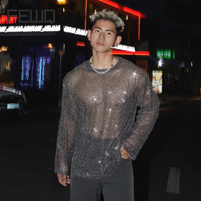 FEWQ Sequins Decoration Mens T-shirts Mesh Round Collar Tops Long Sleeved See-through Pullover Male Tees Niche 24K4819 250714