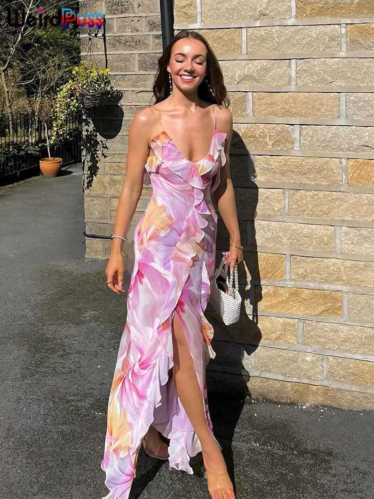 Weird Puss Flower Print Dress Woman Summer Strapless Splits Irregular Tassel Patchwork Backless Bandage Party Skinny Dresses XJ250722