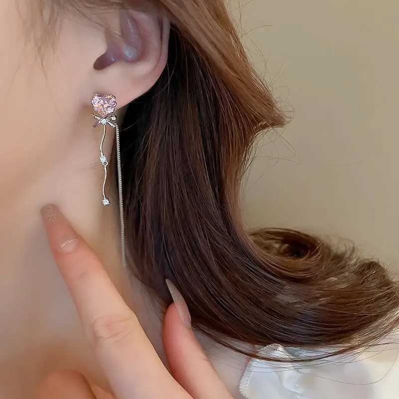 Shiny Pink Crystal Heart Tassel Earrings for Women Creative Zircon Opal Bow Drop Dangling Earrings Y2K Party Jewelry XJ250722