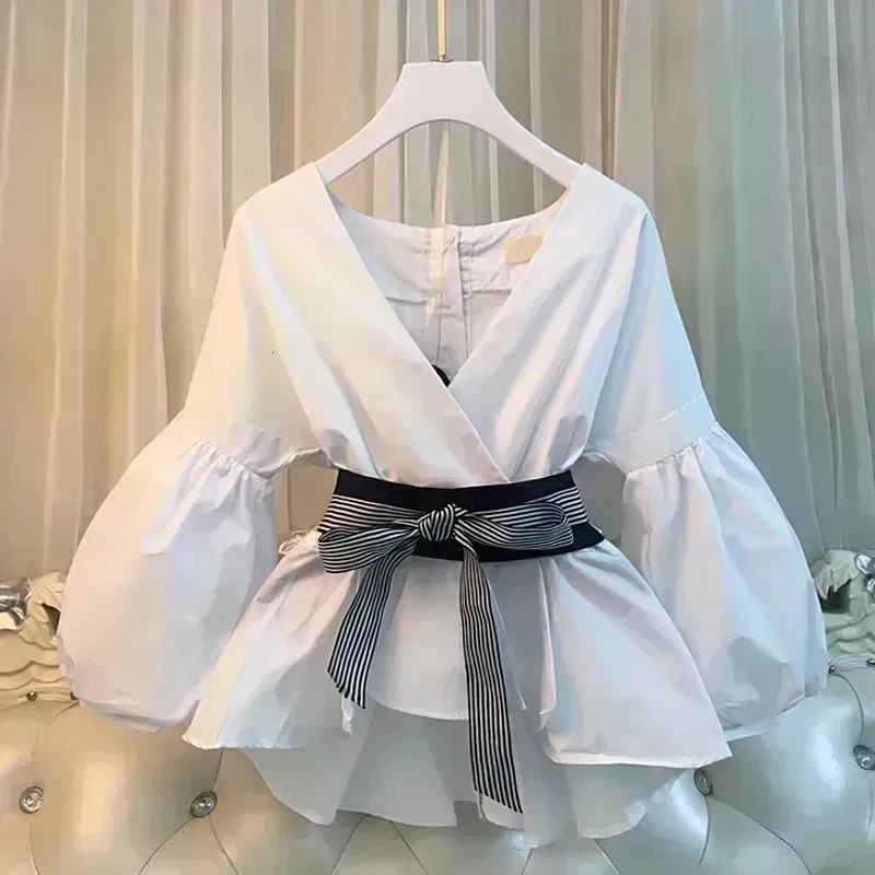 Women Elegant V-Neck Stripe Office Lady Suit Lantern Sleeve Bow Belt Trend Slim Casual Chiffon Shirt Top And Korean Ripped Jeans 250714