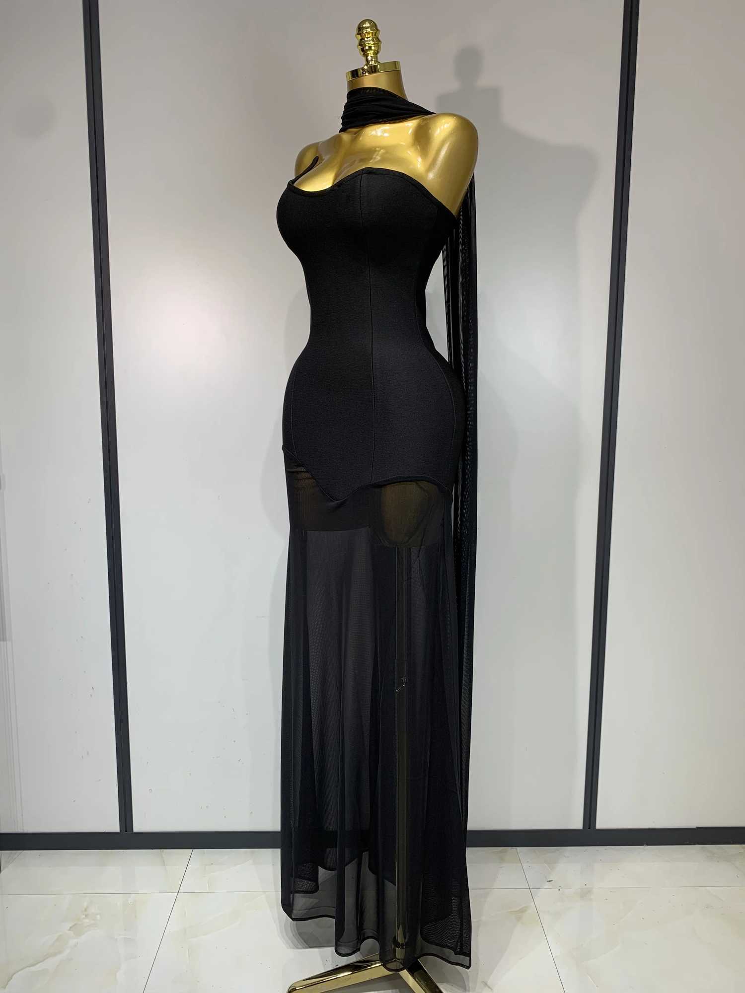 Sexy Strapless Long Bandage Dress Black Mesh Patchwork Evening Party Gowns Bodycon Birthday Dresses XJ250722