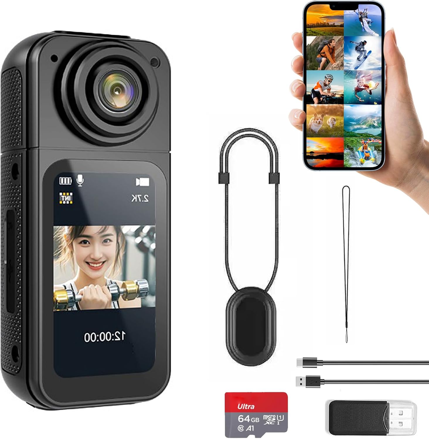 S70 2.7K Thumb Action Camera, 64GB Mini Camera, Wearable Pocket Cam with Magnetic Lanyard, Hands-Free POV Recording, Small Portable Camcorder for Work, Cycling