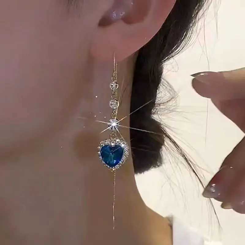 Exquisite Blue Heart Shed Zircon Earrings for Women Luxury Long Tassel Ear Line Dangle Earring Ladies Wedding Party Jewelry XJ250722