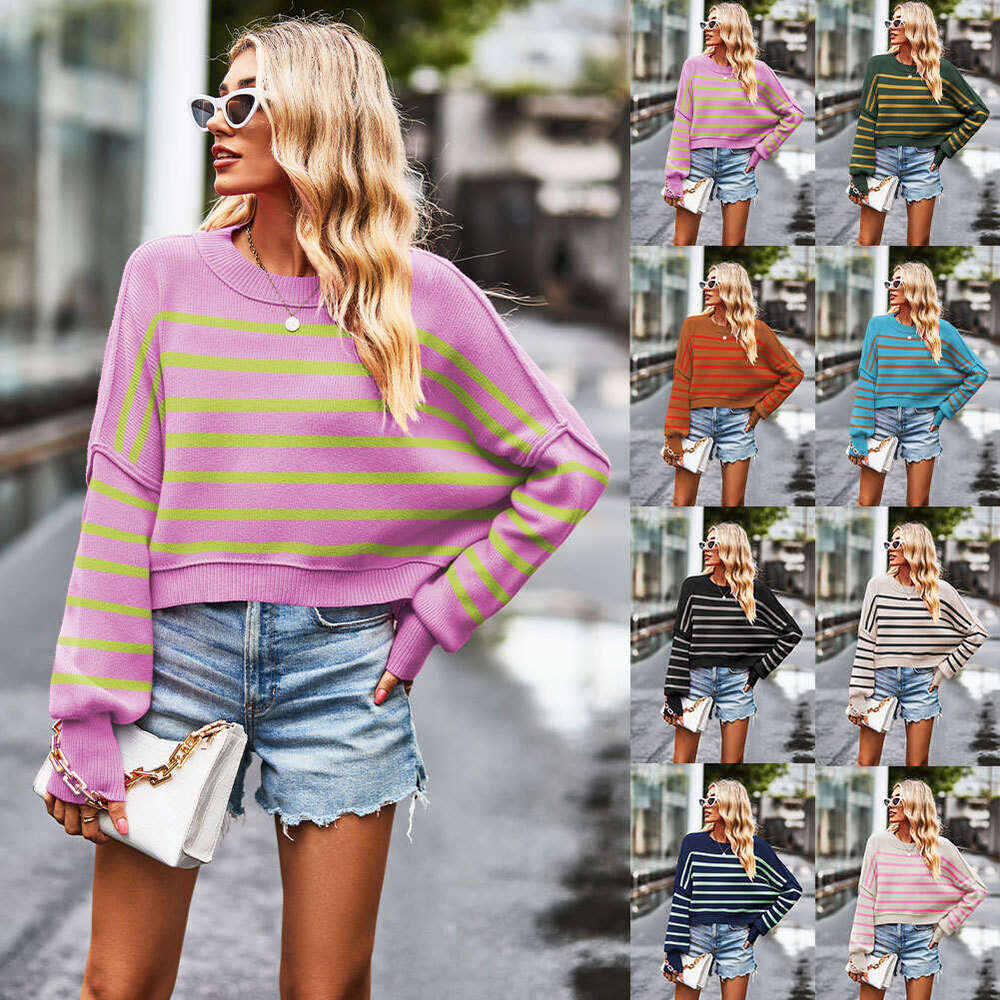 Autumn And Winter New Women's Round Neck Color Block Knitted Loose Plus Size Pullover Sweater B5