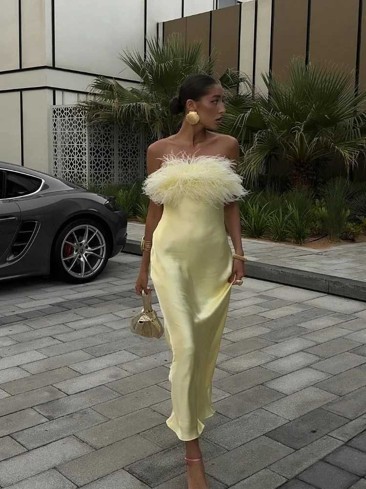 100% Satin Feather Strapless Dress Sexy Backless Off Shoulder Slim Fit Long Dresses for Women 2025 Summer Party Street Gown XJ250722