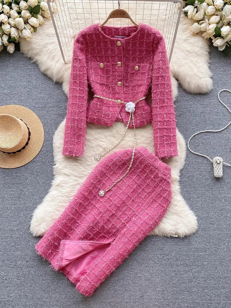 Lanjia- Two Piece Dress Modphy Autumn Fashion Rose Red Woolen Set Women Golden Button Chain Belt Tweed Short Jacket Coat Split Midi Skirt Suit F69ce