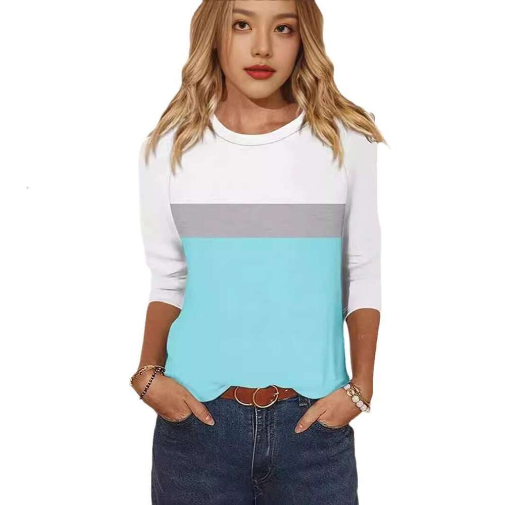 Women's Solid Color Block Ins Casual Fashion Three-Quarter Sleeve T-Shirt Round Neck Top B5