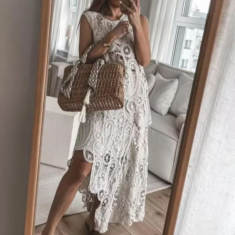 Women O-neck Sleeveless TopLong Skirt Beach Suit Casual Solid Street Summer Outfit Holiday Hollow Knitted Irregular 2 Piece Set 250714