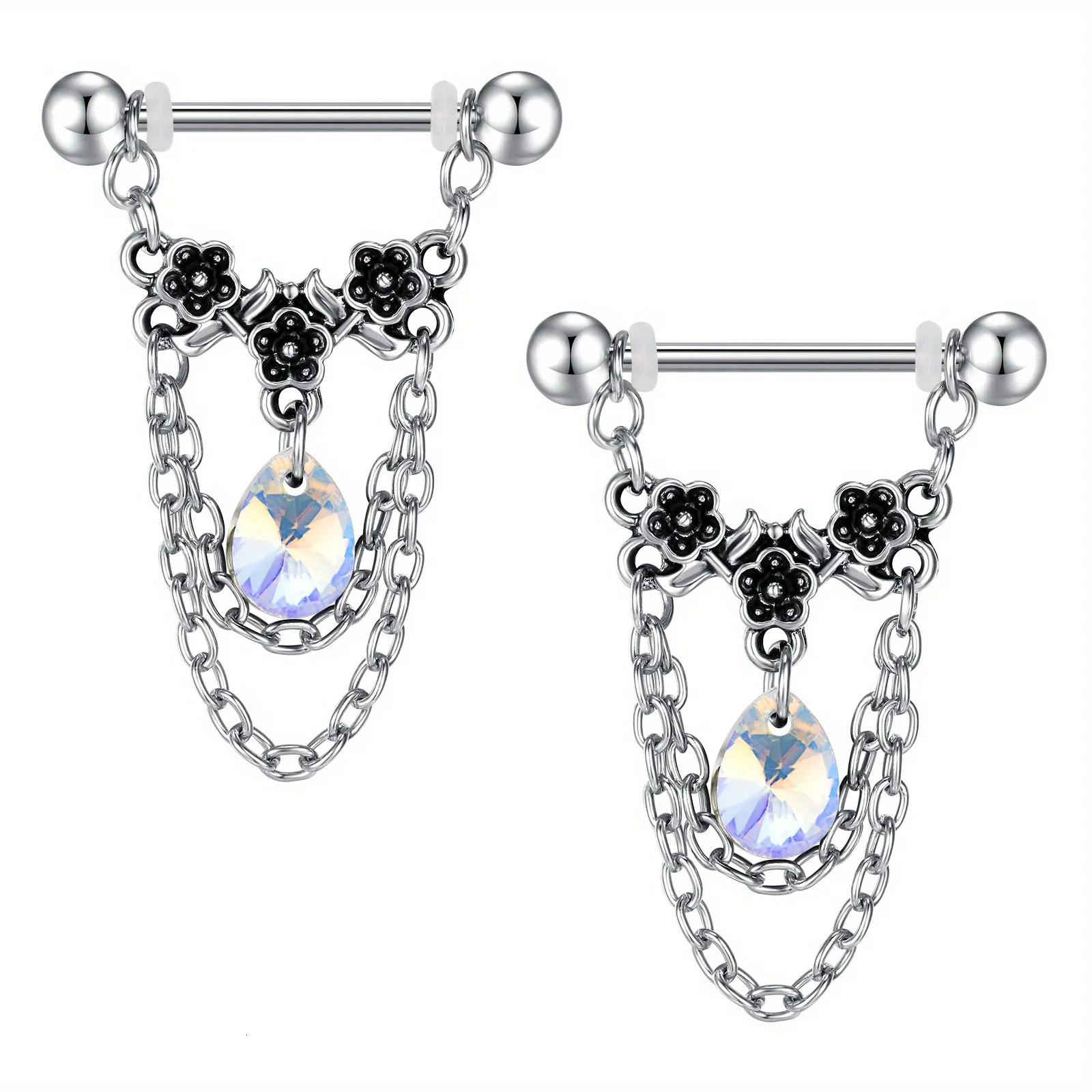 1pair Stainless Steel Nipple Rings Nipple Barbell With Chain CZ Nipple Piercing Jewelry 250722