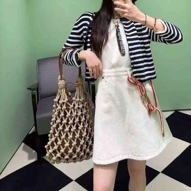 Summer Beach Bag For Women Mesh Rope Knitted Bucket Shoulder Bags Reticulate Hollow Travel Shopper Totes Ladies Fashion Handbag City Bag