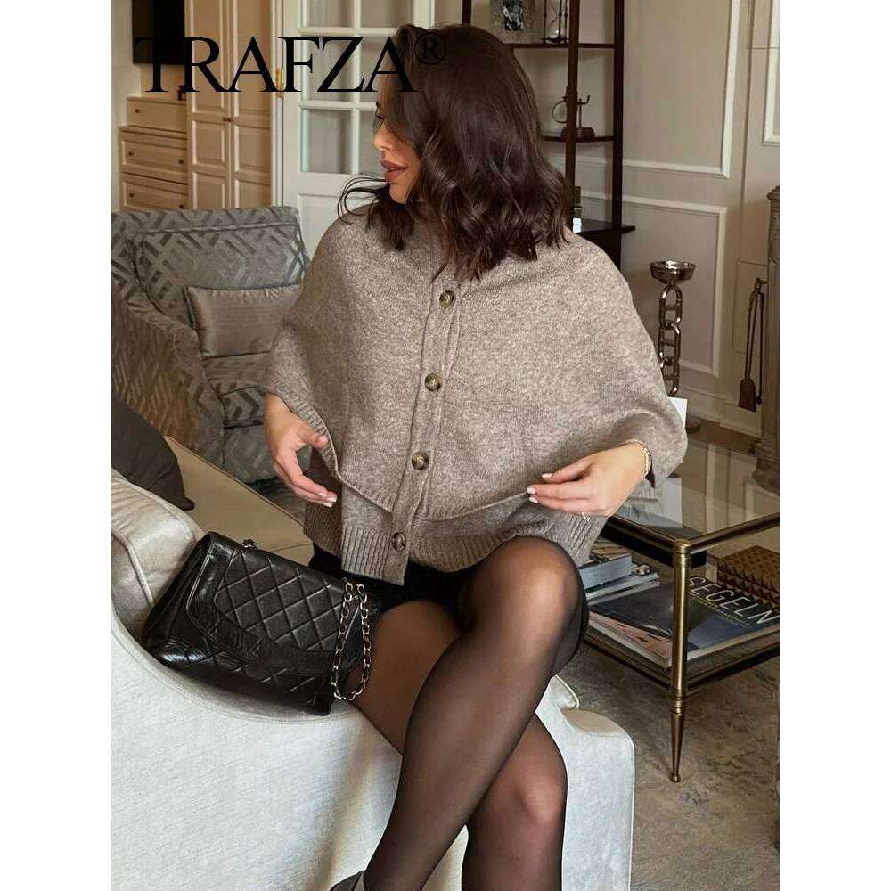 Vintage Women Knit Cape Cropped Cardigan Female Short Solid Soft Loose Shawl Sweater Elegant Button Jacket Knitwear