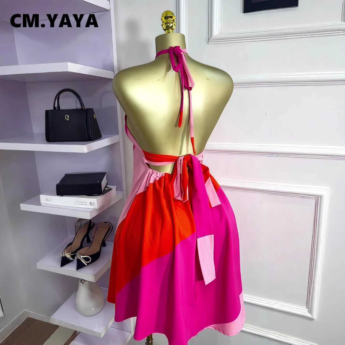2025 Summer Vacation Birthday Sexy Party Dresses CM.YAYA Women Colorblock Halter Neck Backless Floral Applique A-line Mini Dress XJ250722