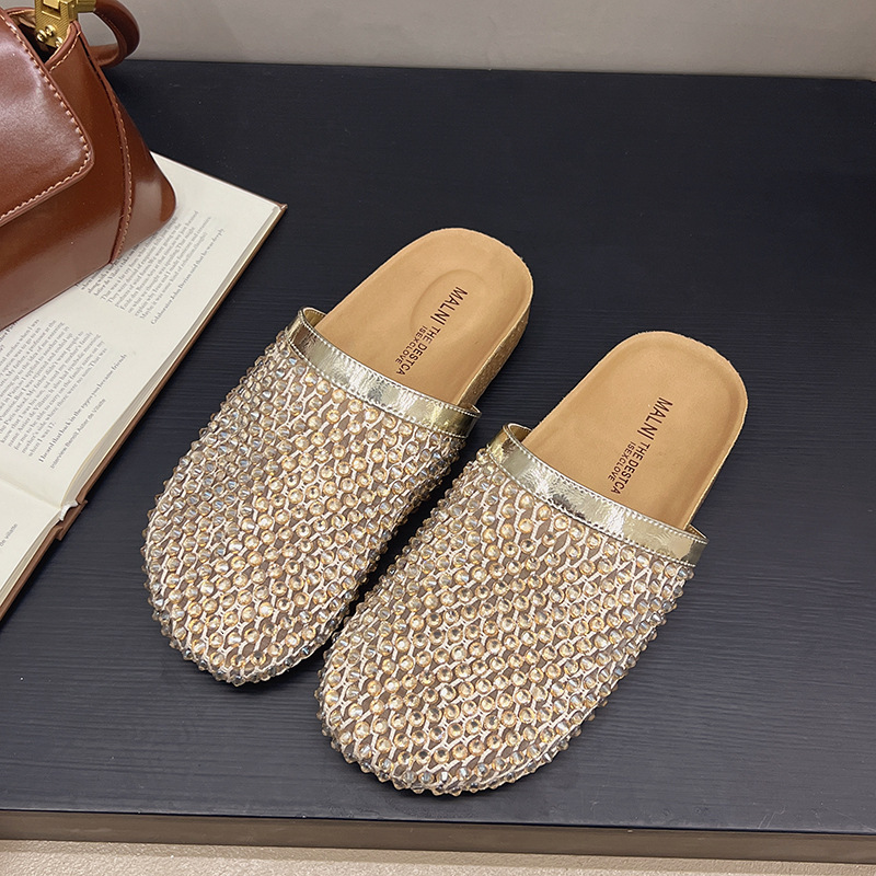 Luxury Brand Designer Shoes French Style Rhinestone Flat Slippers For Women 2025 New Retro Fashion Elegant Comfortable Closed-Toe Half Slippers With D