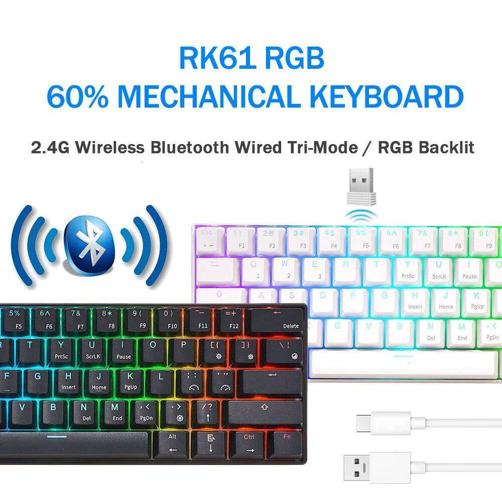 Gaming Keyboards RK Royal Kludge Rk61 2.4G Wireless Bluetooth Mechanical Tri-Mode 61 Keys RGB Backlit Mini Hot-Swappable Gamer Keyboard
