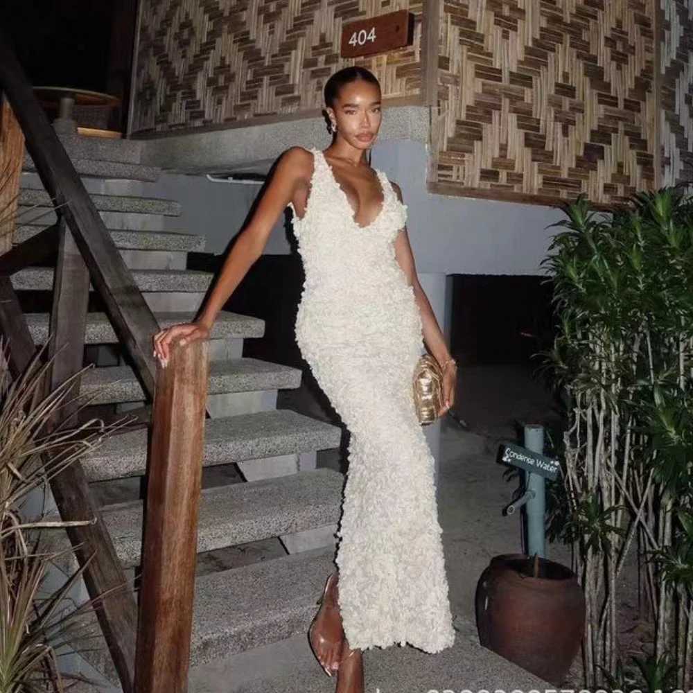 2024 New Arrivals Mingmingxi Ele Flower Applique Party Dresses V Neck Bodycon Mesh Dress Sexy Long Maxi Dress Women XJ250722