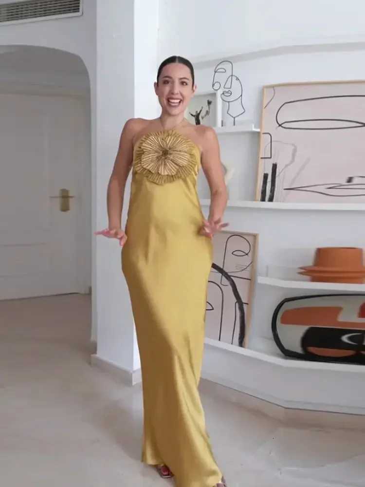3D Flower Halter Women Maxi Dress Fashion Solid Stain Chic Veless High Waist Slim Long Dress for Women 2025 Summer Evening Dresses XJ250722