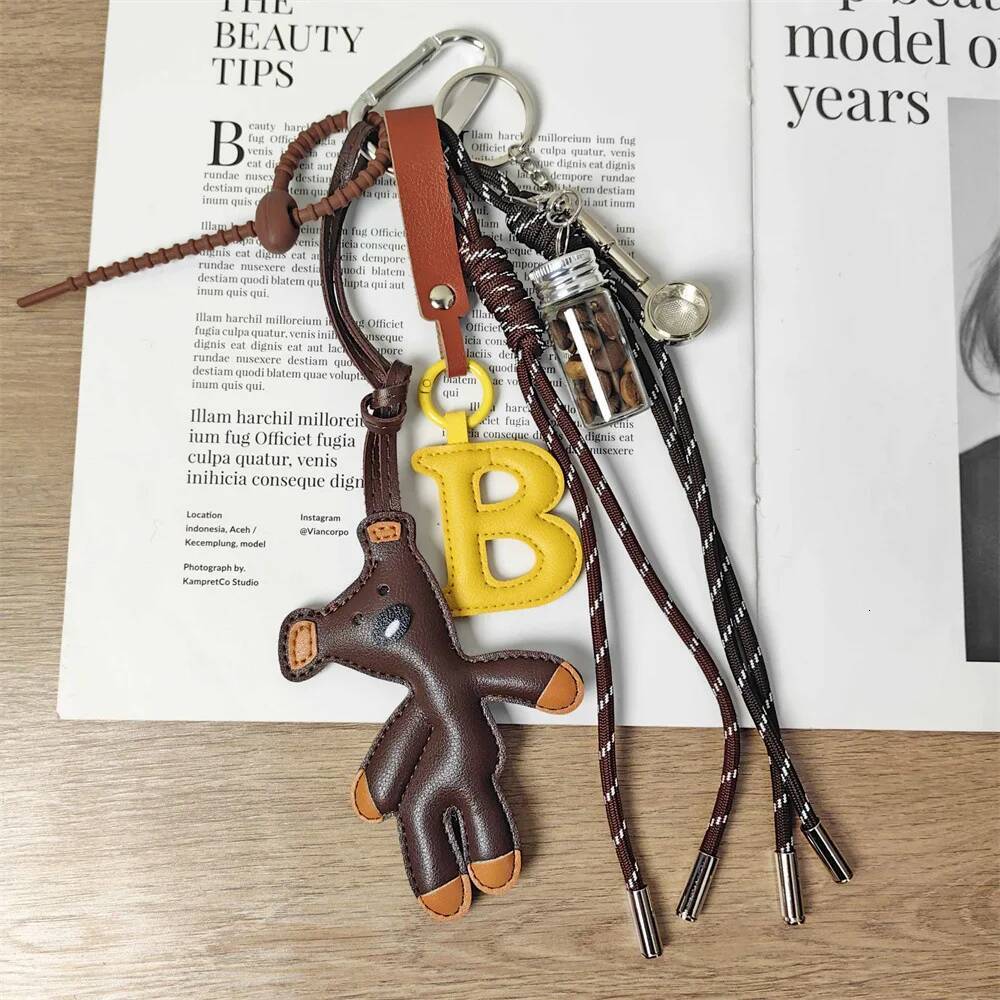 Cute Teddy Bear Leather Keychain with Coffee Bean Glass Bottle Handle Miu Style Unisex Bag Charm Accessory ddmymarket