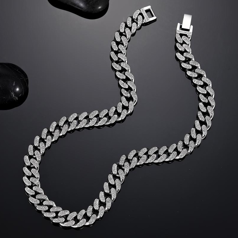 Hip Hop Inspired Mens Solid Silver Look Cuban Link Necklaces with Glittering CZ Stones & Secure Clasp Fastening