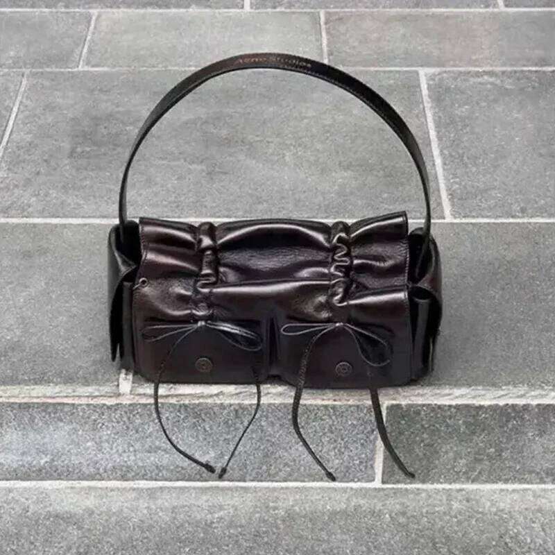 New in Distressed PU Leather Rivet Bow Underarm Pleated Shoulder Bag Bags for Women Designer Handbag and Purses