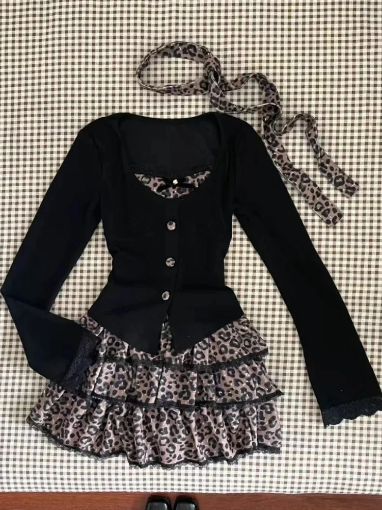 Leopard Vintage Suits Women Elegant Y2k Thin Sweater Pullover Mini Skirts Casual 2000s Clothing 2 Piece Skirt Sets Chic 250714