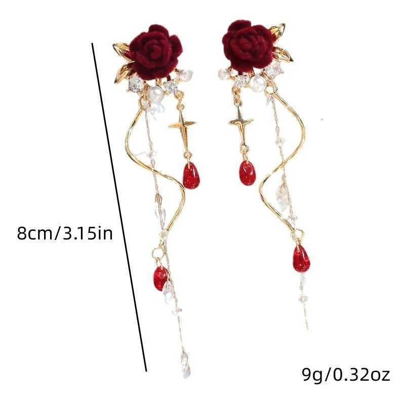 Luxury Crystal Velvet Rose Flower Tassel Earrings for Women Temperament Long Hanging Earrings Girls Bridal Party Wedding Jewelry XJ250722