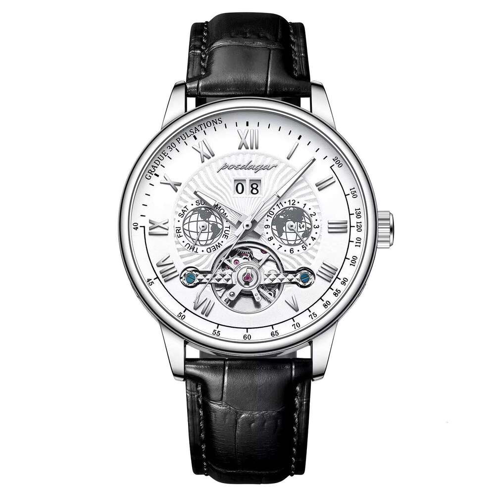 DHgargets POEDAGAR Men's Luxury Automatic Watch - Tourbillon, Calendar, Moon Phase, 50M Waterproof, Ultra-Thin 6mm, Genuine Leather Strap